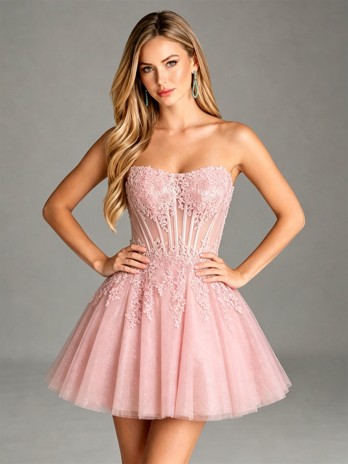 Strapless Lace Applique Glitter Tulle Homecoming Dress
