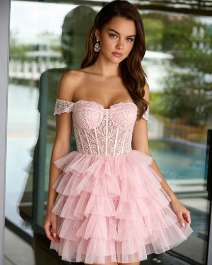 Off Shoulder Lace Corset Tulle Homecoming Dress with Tiered Layers