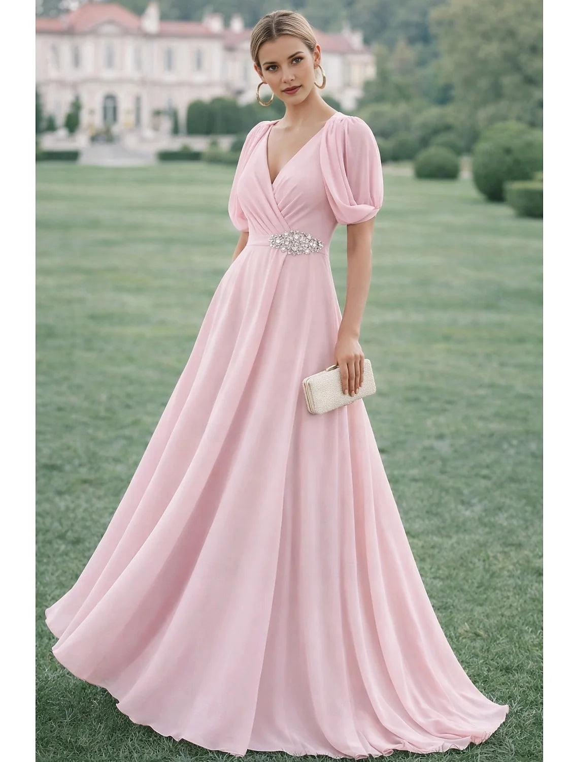 Ruched Beaded V Neck A-Line Floor-Length Chiffon Prom Dress for Hotel Gala