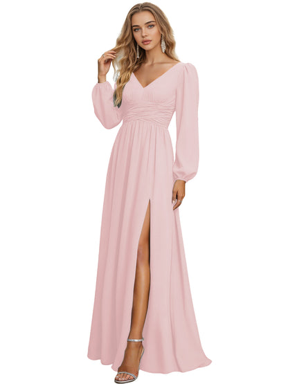 Long Sleeve V-Neck Chiffon Bridesmaid Dress with Front Slit