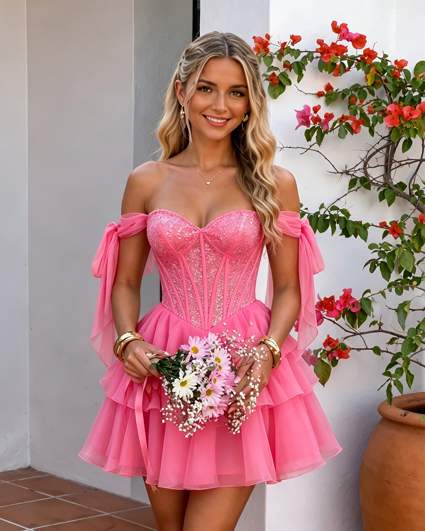 Off-Shoulder Lace Corset Tiered Tulle Homecoming Dress
