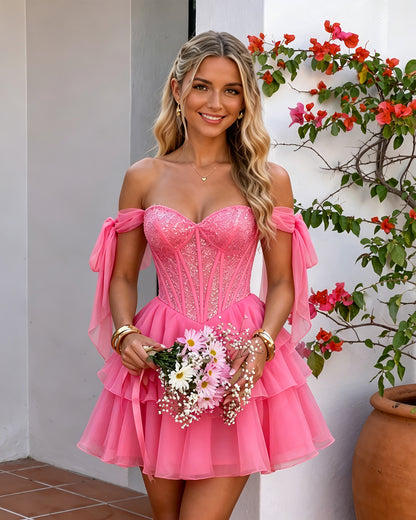 Pink Off-Shoulder Lace Corset Tiered Tulle Homecoming Dress color option