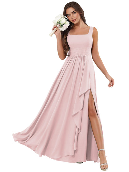 Square Neck Chiffon Bridesmaid Dress with Corset Back and Slit