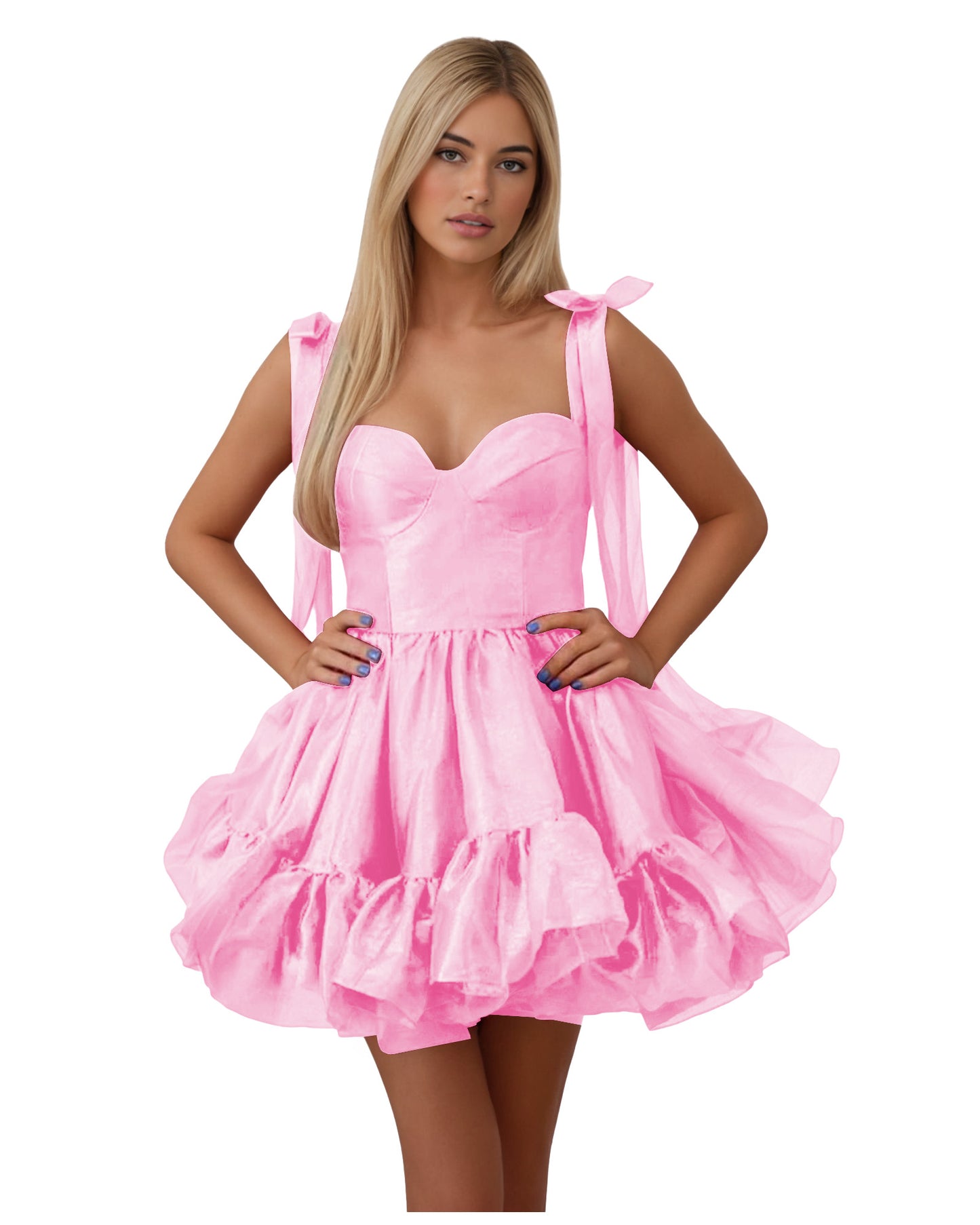 Bow Shoulder Satin Corset Ruffle Homecoming Dress