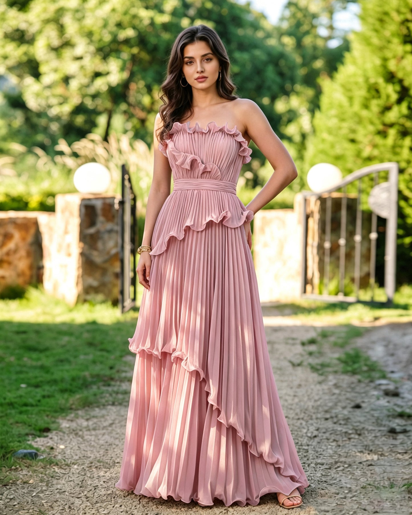 Strapless Ruffle Pleated Formal Dress with Tiered Dress