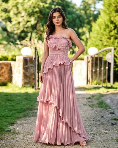 Strapless Ruffle Pleated Formal Dress with Tiered Dress