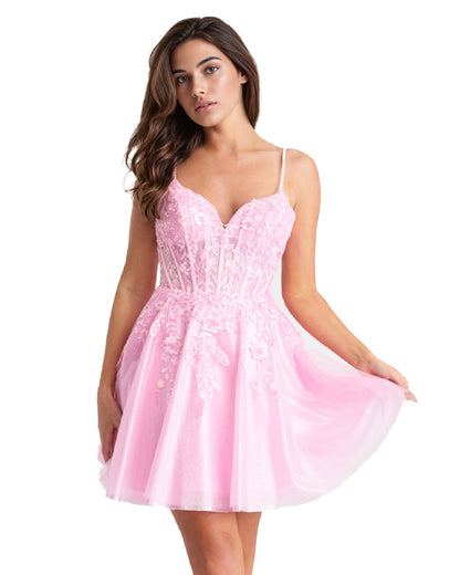 Spaghetti Strap Floral Lace Tulle A-Line Homecoming Dress