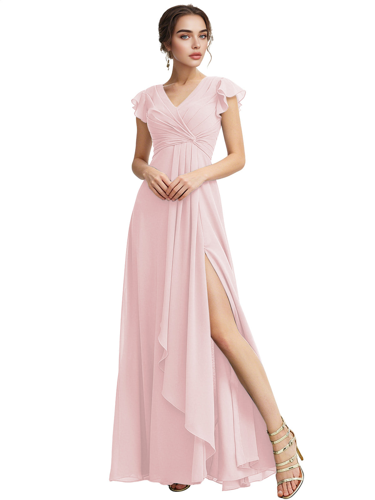 Cap Sleeve Chiffon Bridesmaid Dress with Ruffle V-Neck and Slit