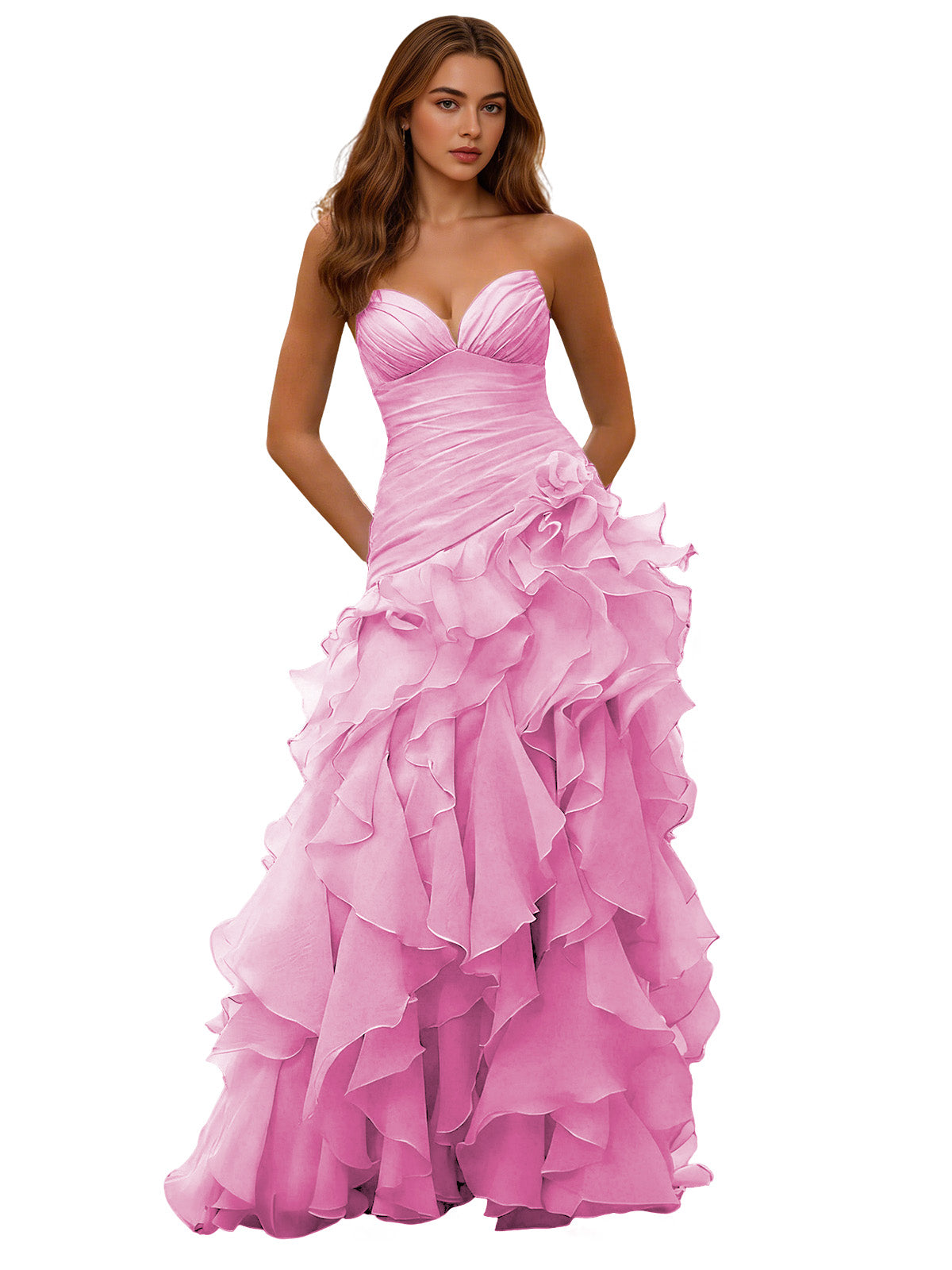 Strapless Organza Ruffle Ball Gown Prom Dress with Draped Corset Bodice