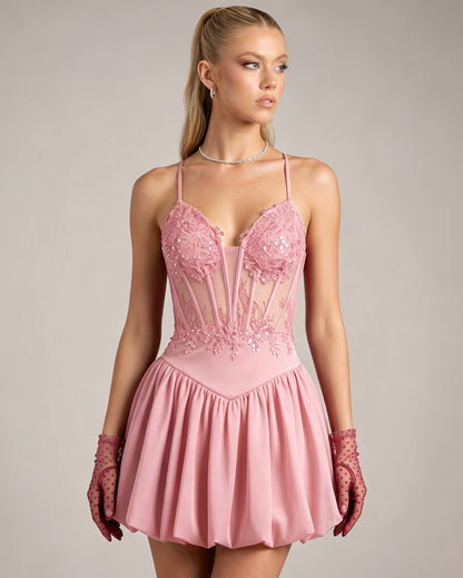 Spaghetti Strap Lace Corset Homecoming Dress with Flared Skirt