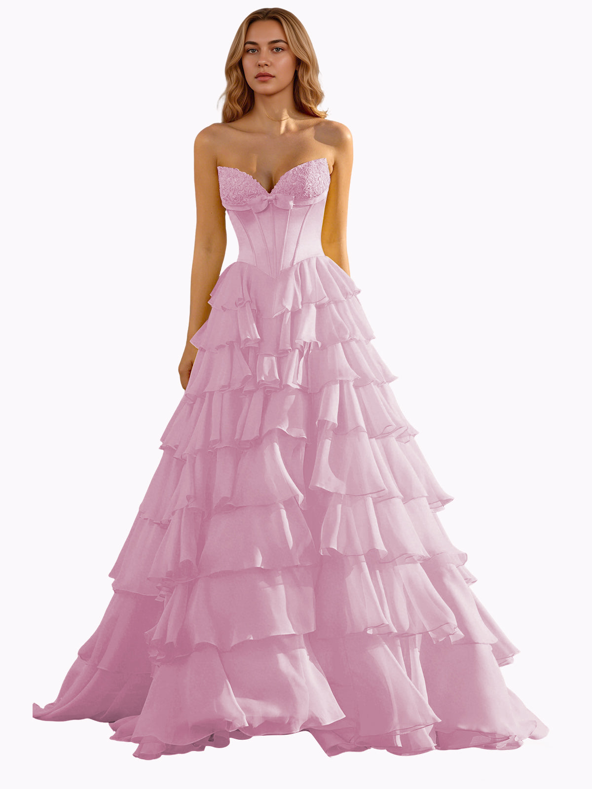 Strapless Tiered Organza Ball Gown Prom Dress with Corset Top