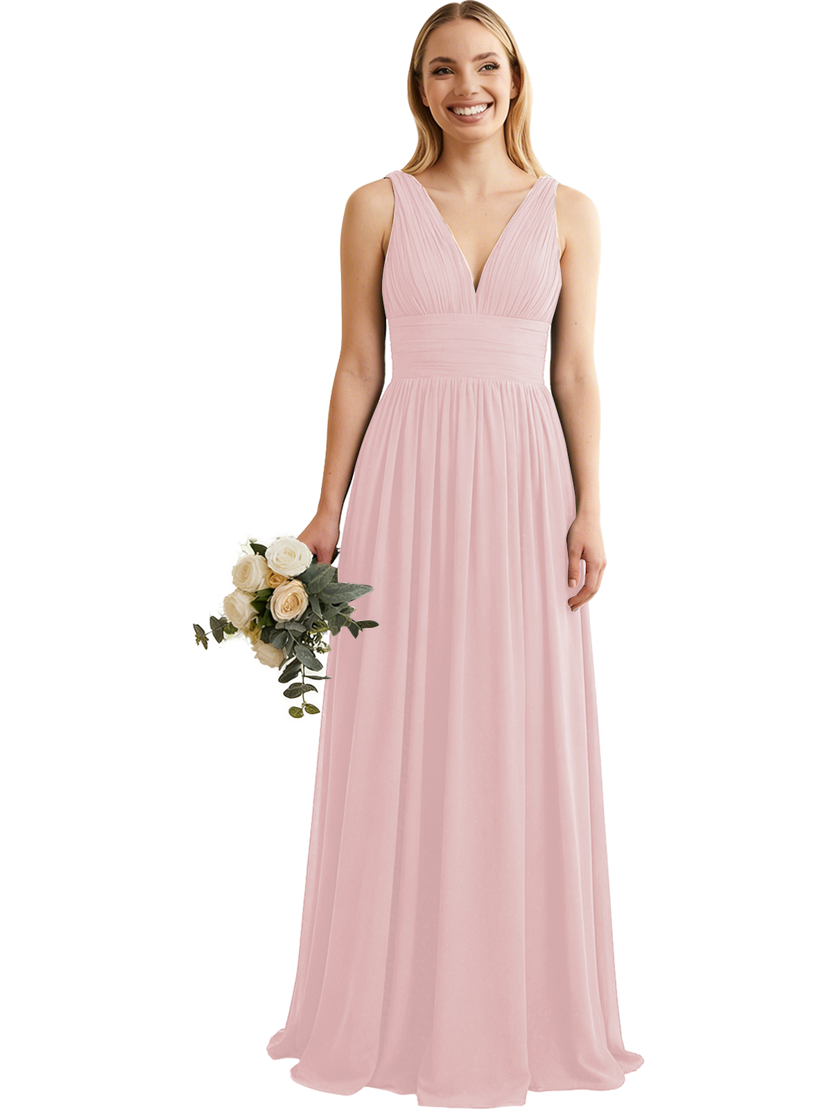 Deep V-Neck Chiffon Bridesmaid Dress with Pleated Waist