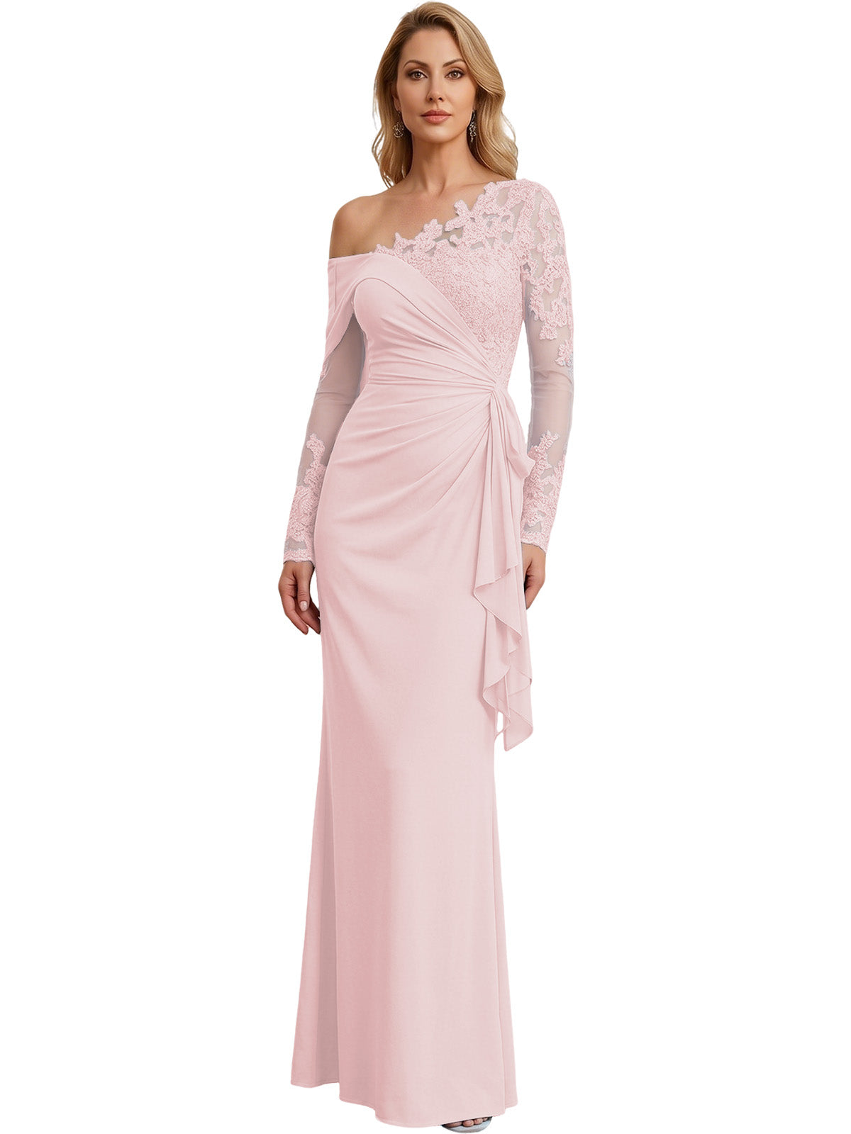 One Shoulder Mother of the Bride Gown Long Lace Sleeve Mermaid Dress with Draped Ruffle
