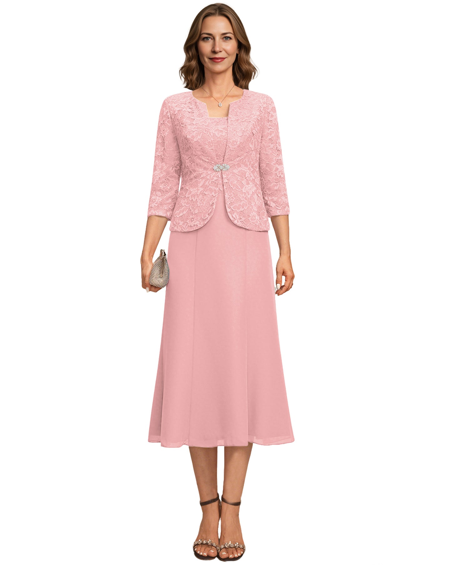 Tea Length Mother of the Bride Dress Lace Jacket Chiffon A-Line Wedding Guest Outfit