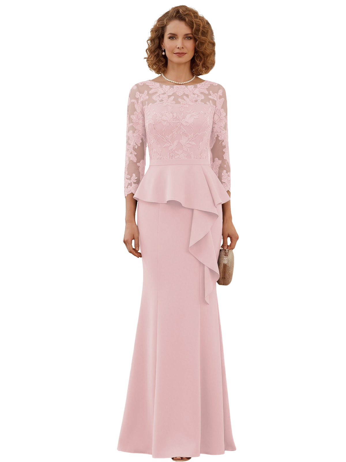 Long Mother of the Bride Dress Lace Illusion Bodice Peplum Mermaid Formal Evening Gown