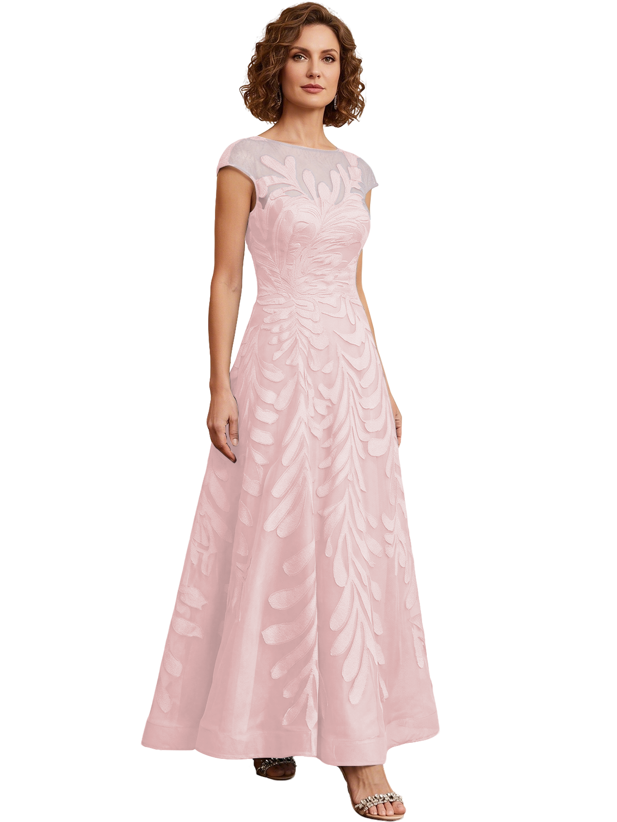 Embroidered Tulle Mother of the Bride Dress Long A-Line Gown with Illusion Cap Sleeves