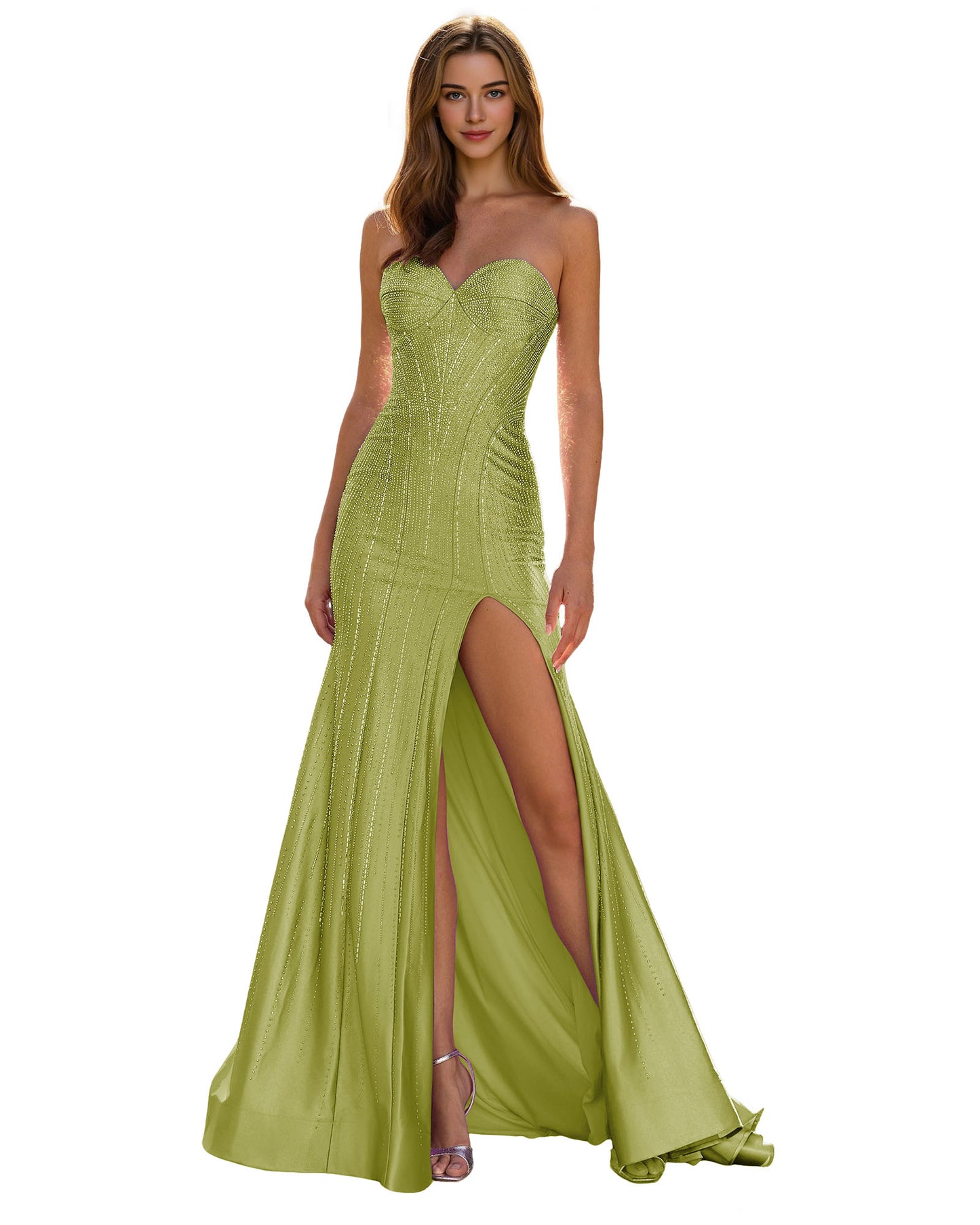 Strapless Sequin Column Prom Dress with Side Slit and Sweep Train