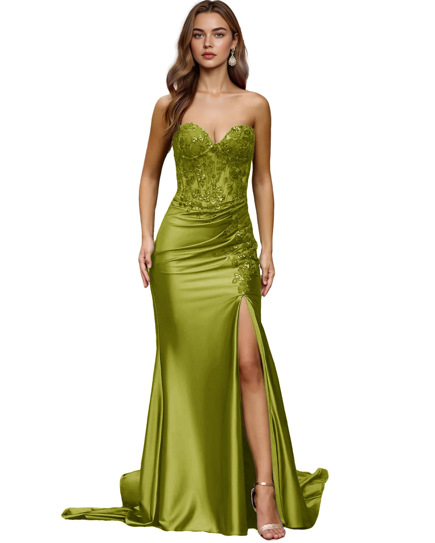 Strapless Emerald Satin Mermaid Prom Dress with Beaded Bodice and Slit