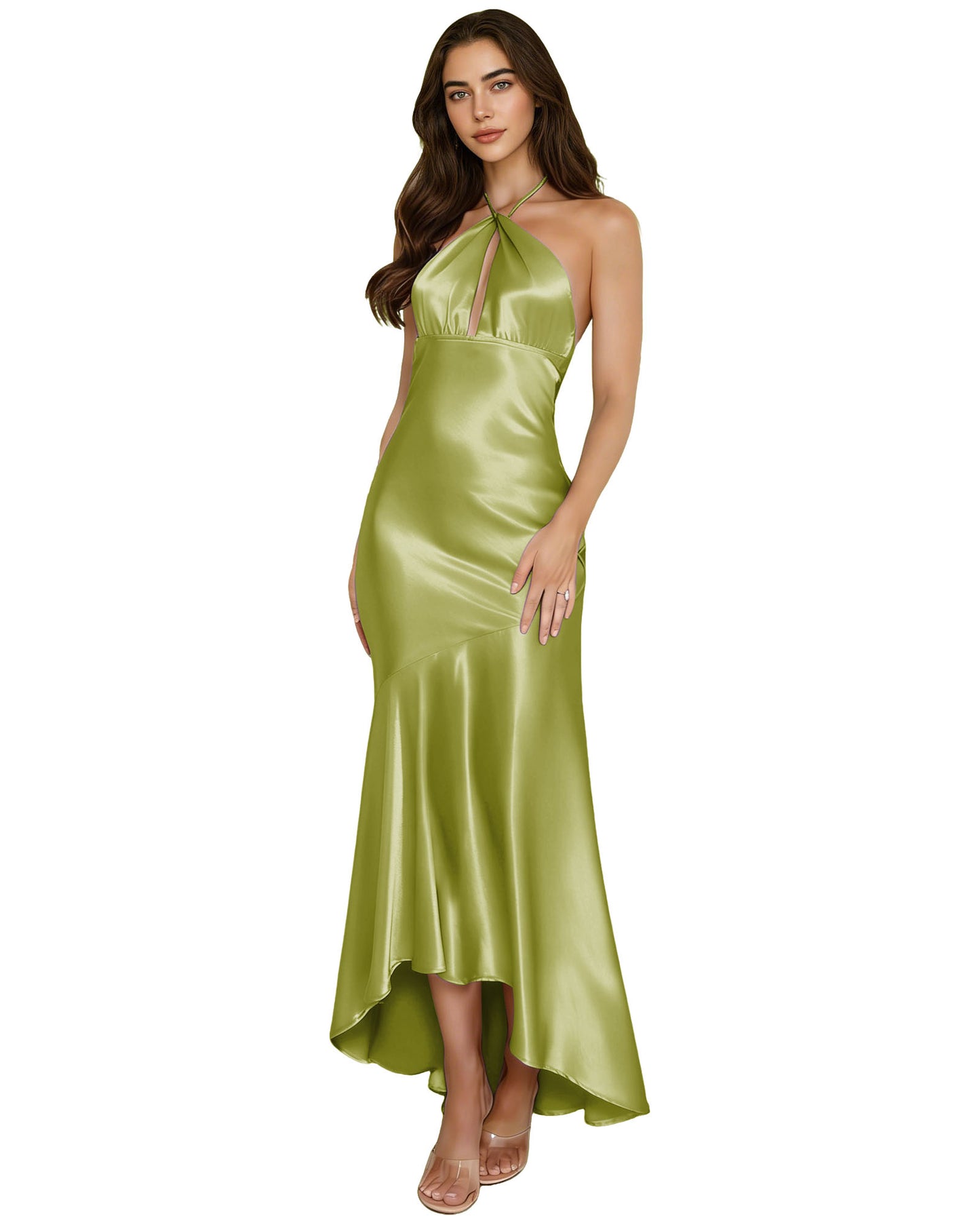 Halter Satin Midi Prom Dress with Front Keyhole and Draped dress