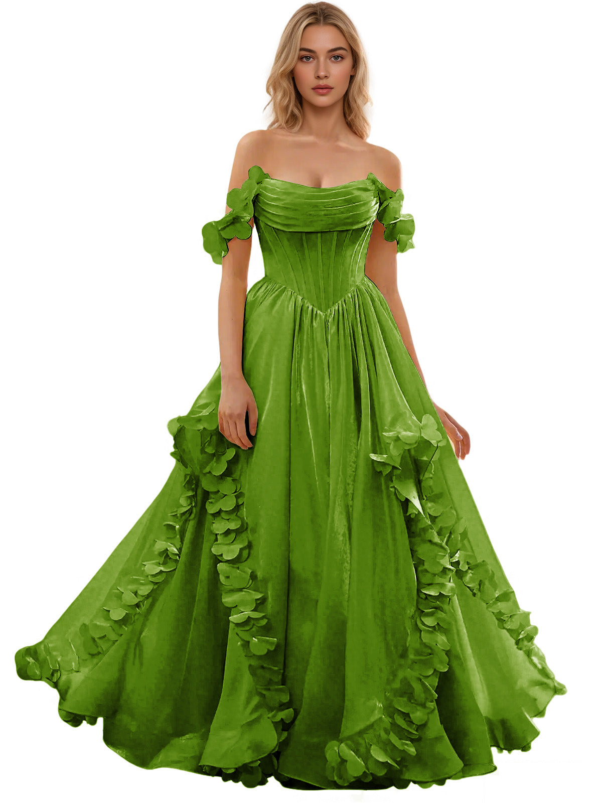 Off Shoulder Ruffle Tulle Ball Gown Prom Dress with Floral Applique