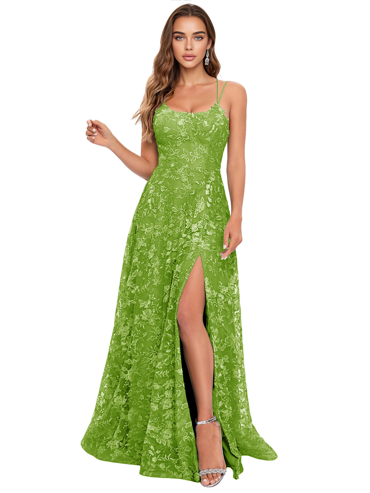 Scoop Neck Lace A-Line Prom Dress with Spaghetti Straps and Side Slit