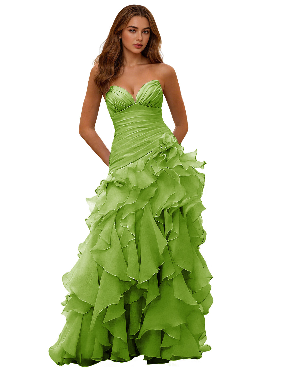 Strapless Organza Ruffle Ball Gown Prom Dress with Draped Corset Bodice