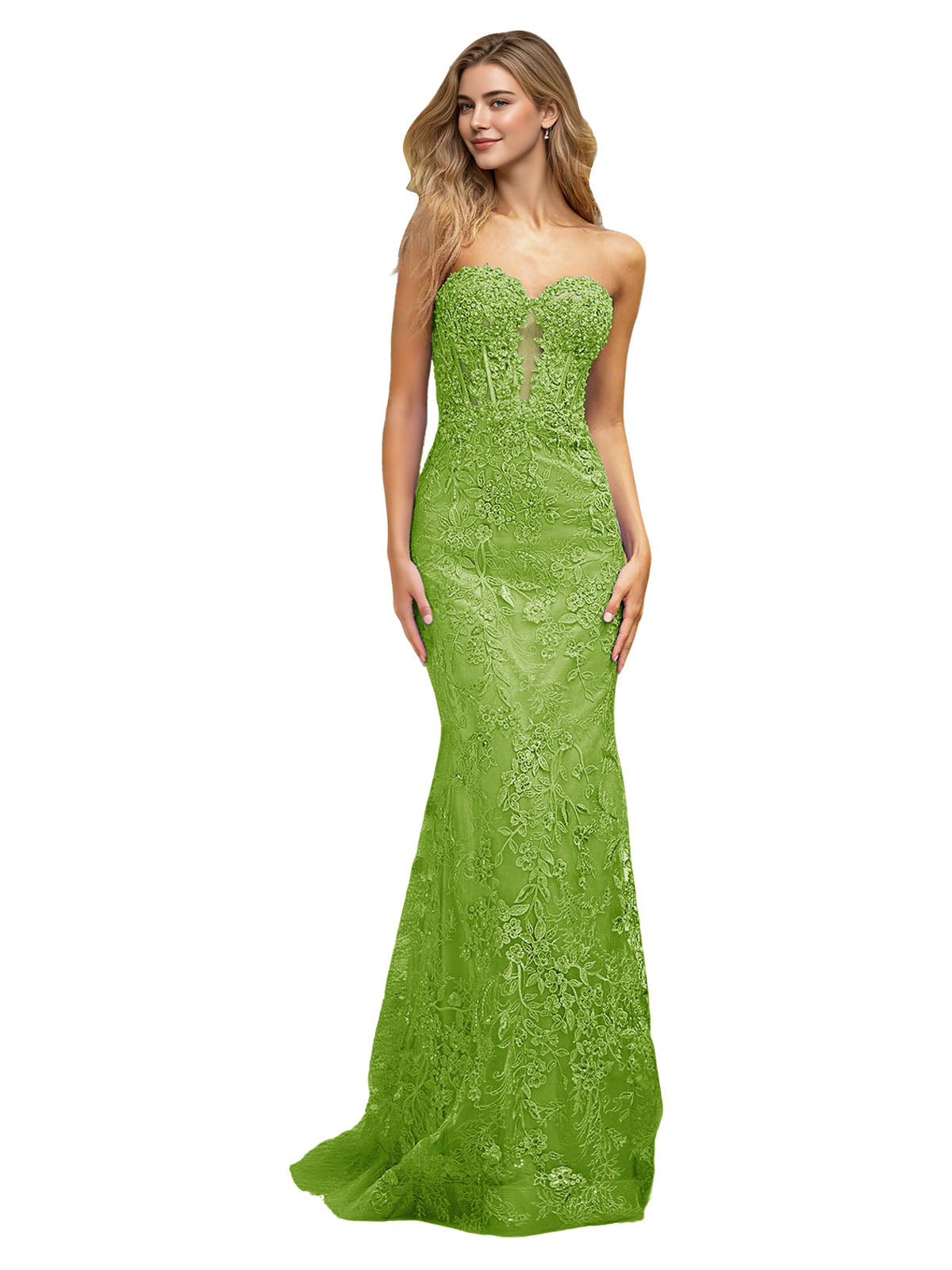 Strapless Floral Lace Mermaid Prom Dress with Sparkle Applique and Train
