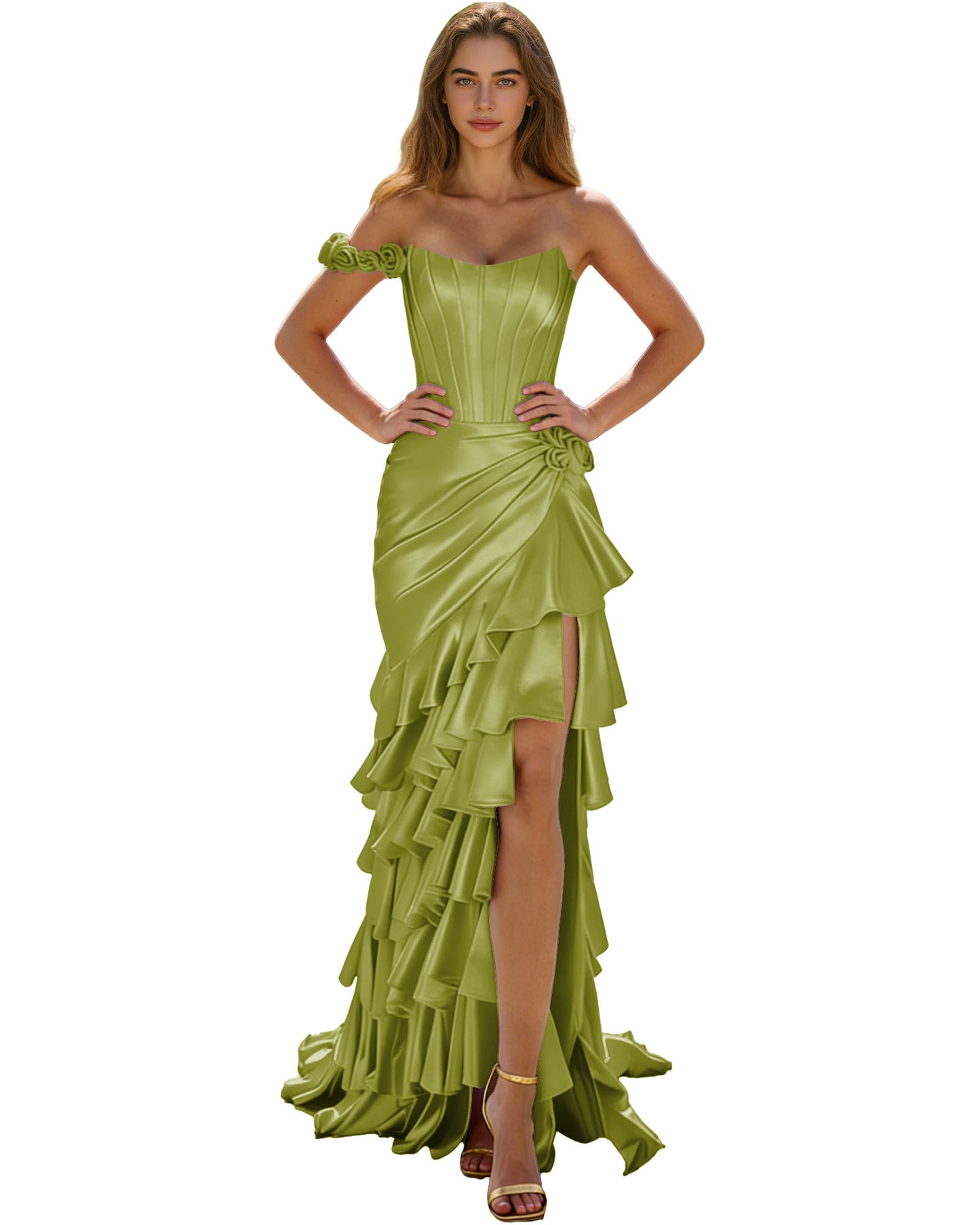 Off Shoulder Ruffle High Low Prom Dress with Tiered dress and Corset Waist