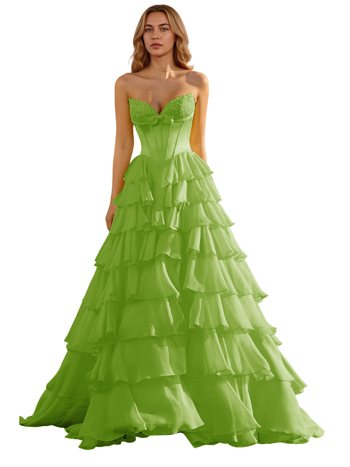 Strapless Tiered Organza Ball Gown Prom Dress with Corset Top