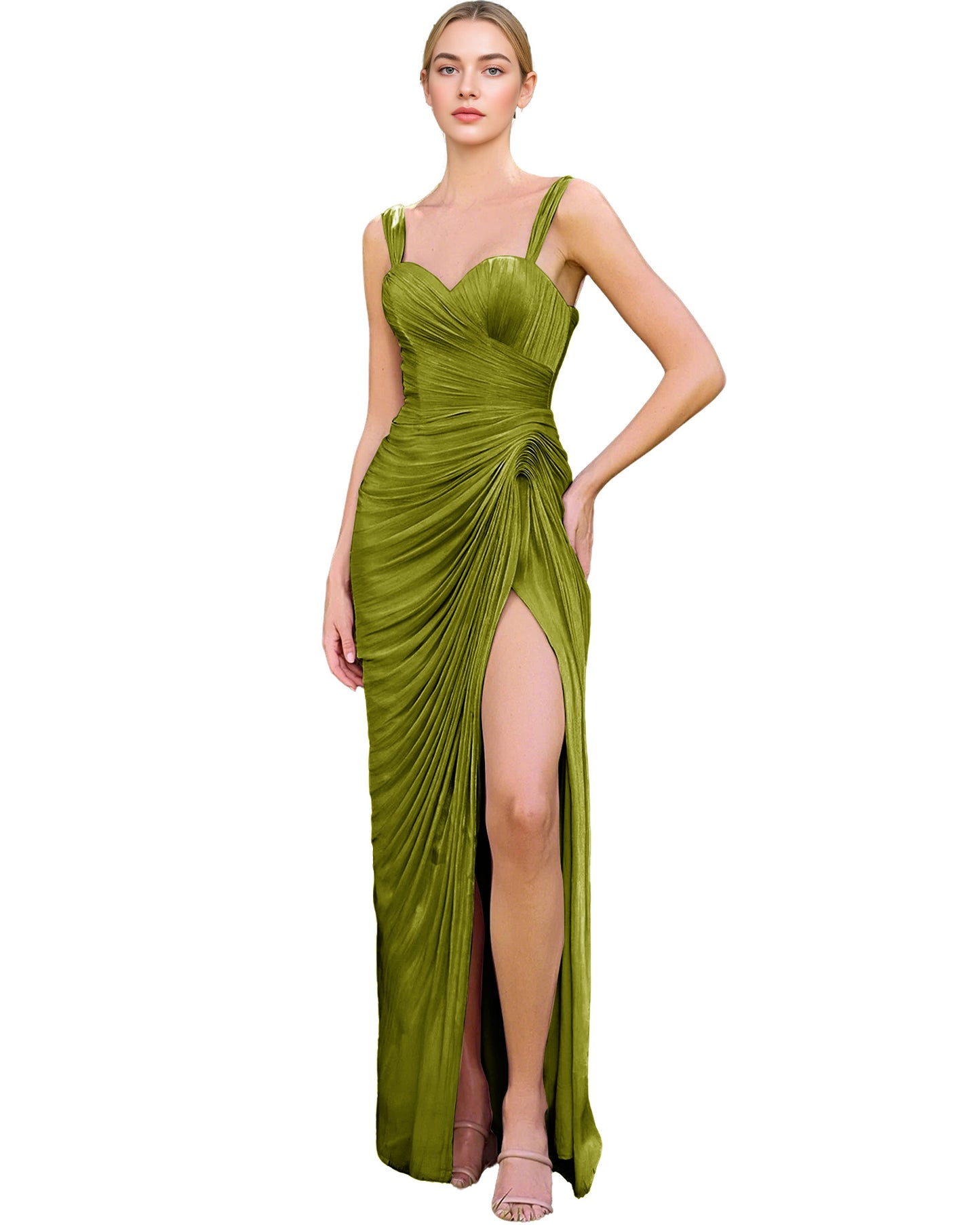 Spaghetti Strap Ruched Satin Sheath Prom Dress with Lace-Up Back and Slit