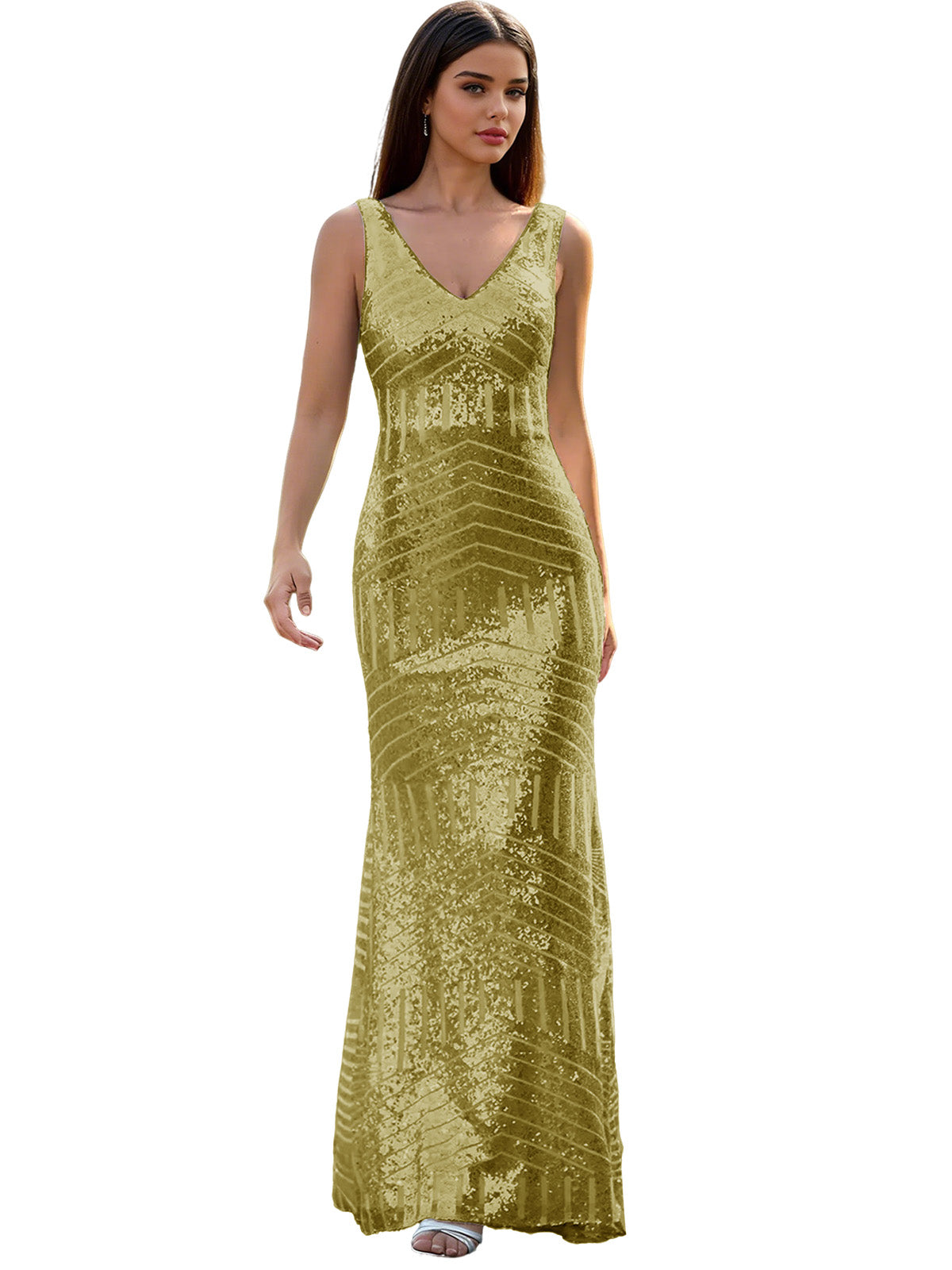 V-Neck Sequin Column Prom Dress with Beaded Waist and Low Back