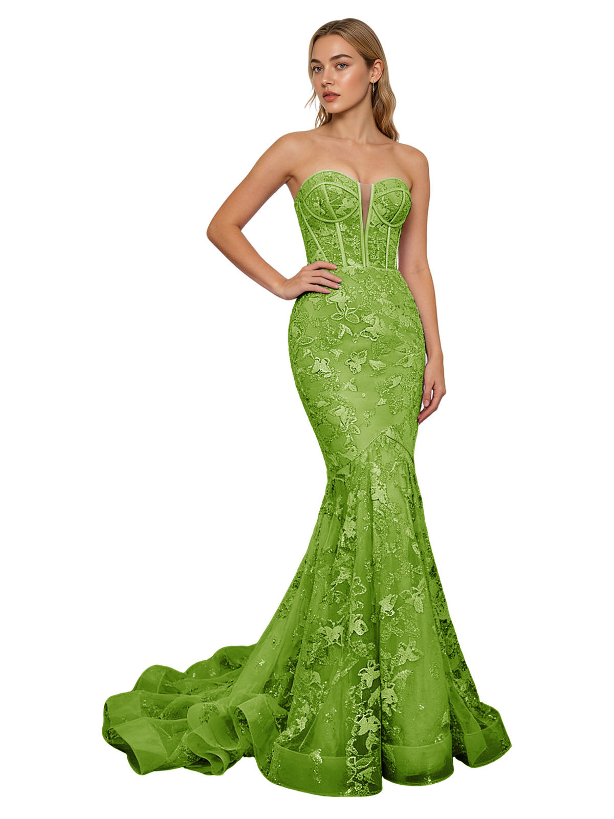 Strapless Lavender Lace Mermaid Prom Dress with Sheer Corset and Train
