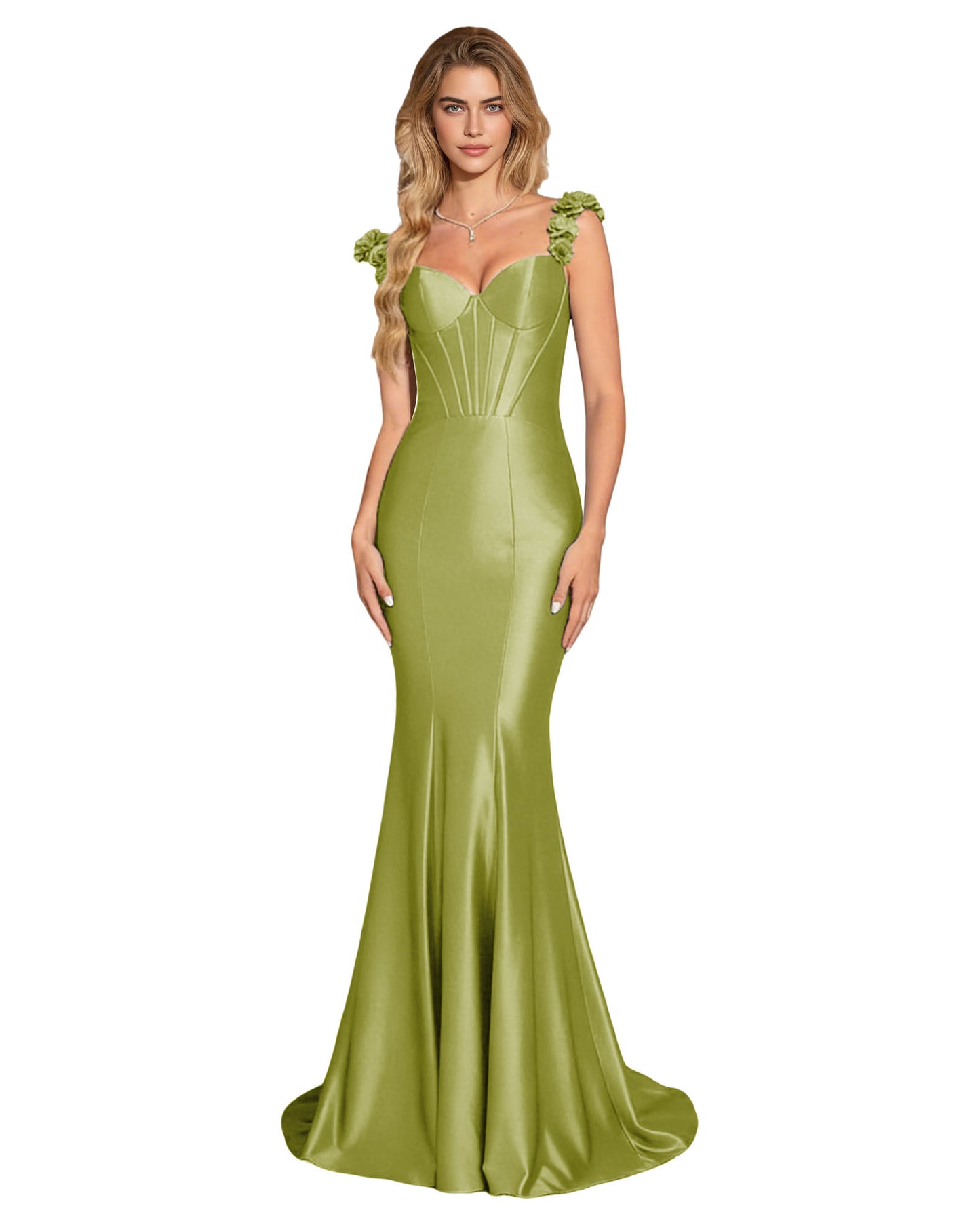 Floral Strap Satin Mermaid Prom Dress with Corset Bodice and Sweep Train