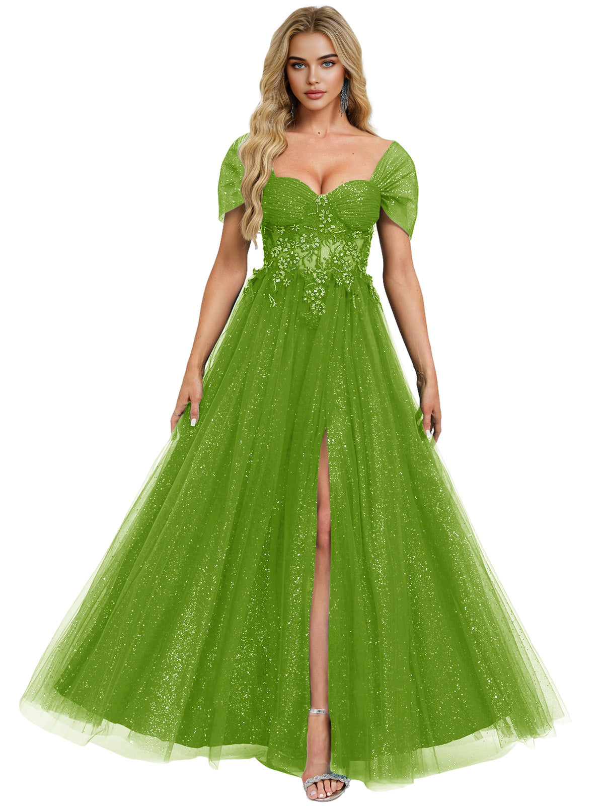 Short Sleeve Glitter Tulle Prom Dress with Illusion Bodice and Slit