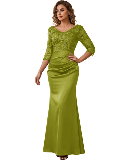 Mother of the Bride Dress Long Lace Mermaid Formal Gown with 3/4 Sleeves