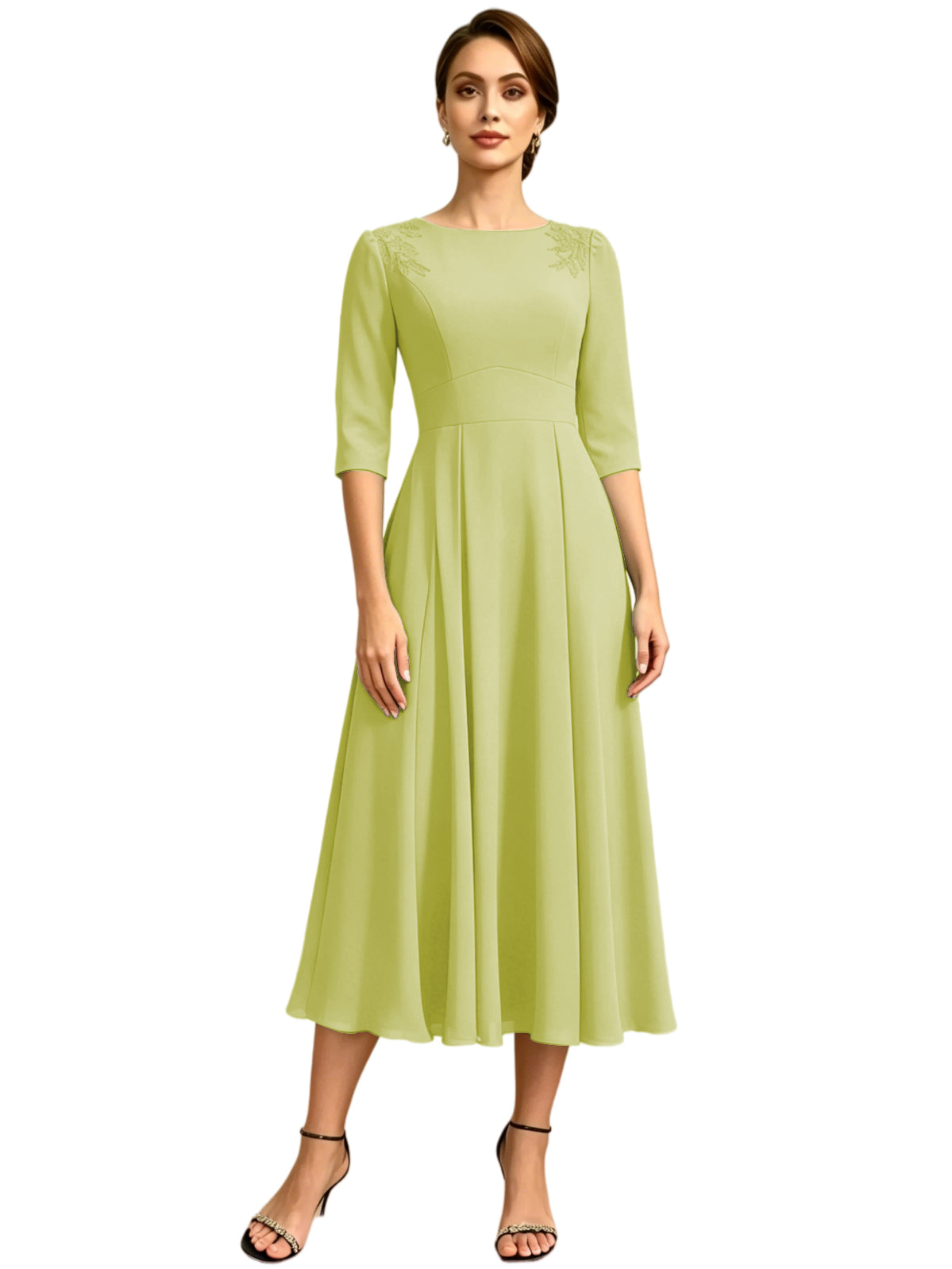 Tea Length Mother of the Bride Dress Jewel Neck Chiffon A-Line Formal Gown with Embroidery