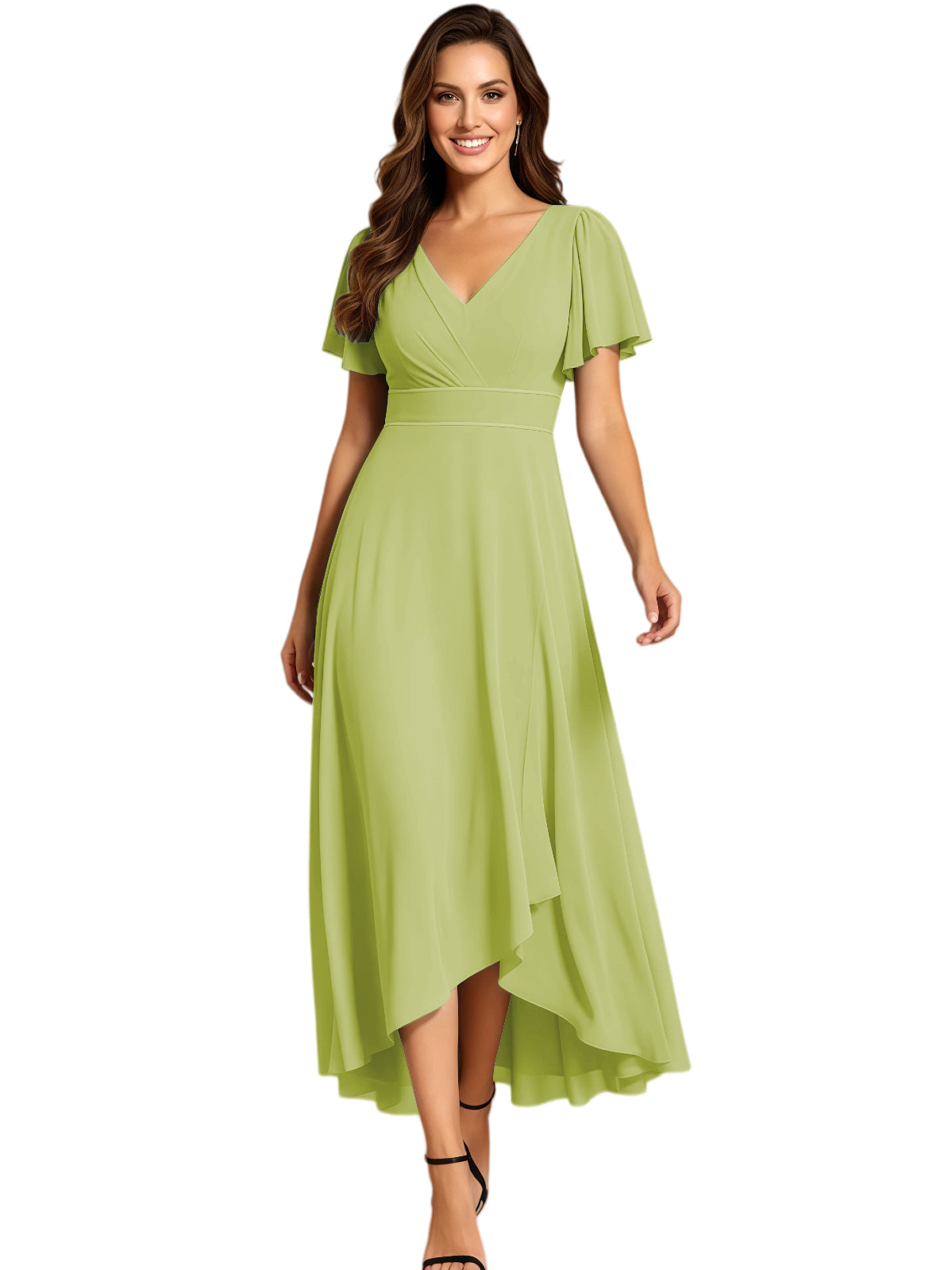 High Low Mother of the Bride Dress V-Neck Flutter Sleeve Chiffon Formal Gown