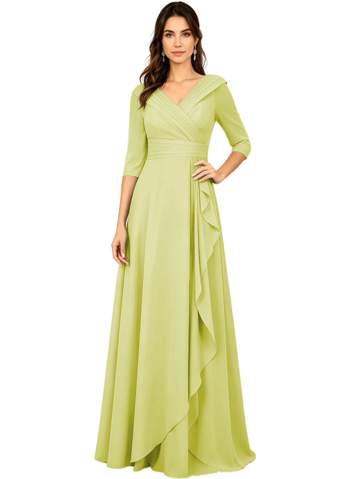 Long V-Neck Mother of the Bride Dress Chiffon Half Sleeve A-Line Gown with Side Ruffle