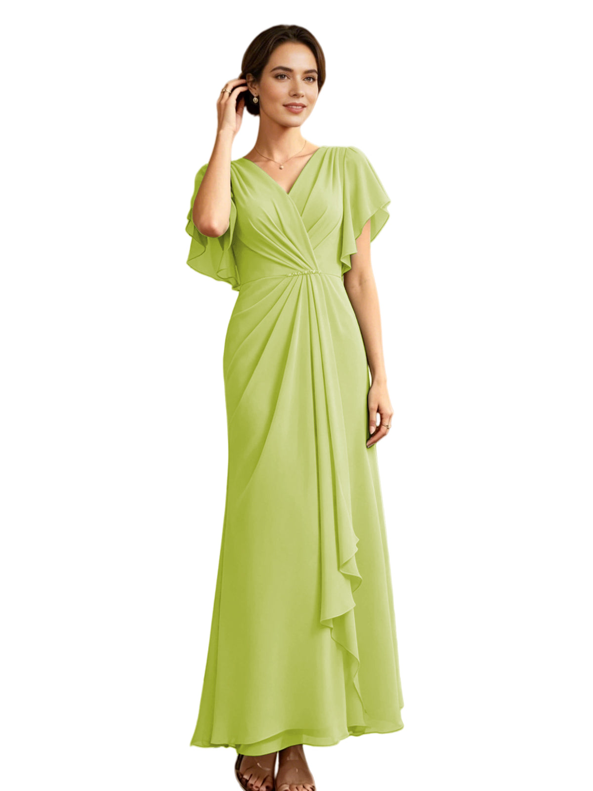 Long Chiffon Mother of the Bride Dress V-Neck Flutter Sleeve A-Line Gown with Beaded Waist