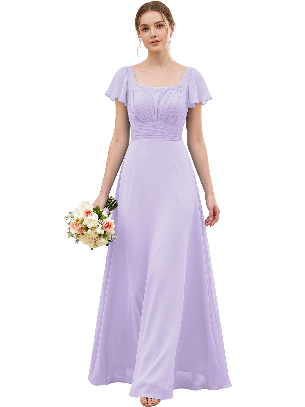 Square Neck Chiffon Bridesmaid Dress with Flutter Sleeves and Lace-Up Back