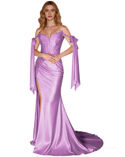 Off Shoulder Satin Mermaid Prom Dress with Detachable Long Sleeves