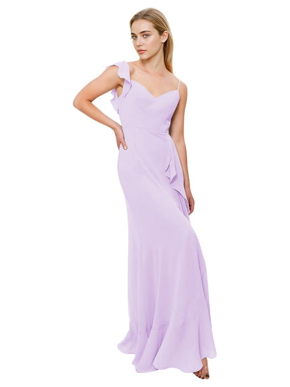 V-Neck Ruffle Strap Bridesmaid Dress with Cascading Chiffon Dress