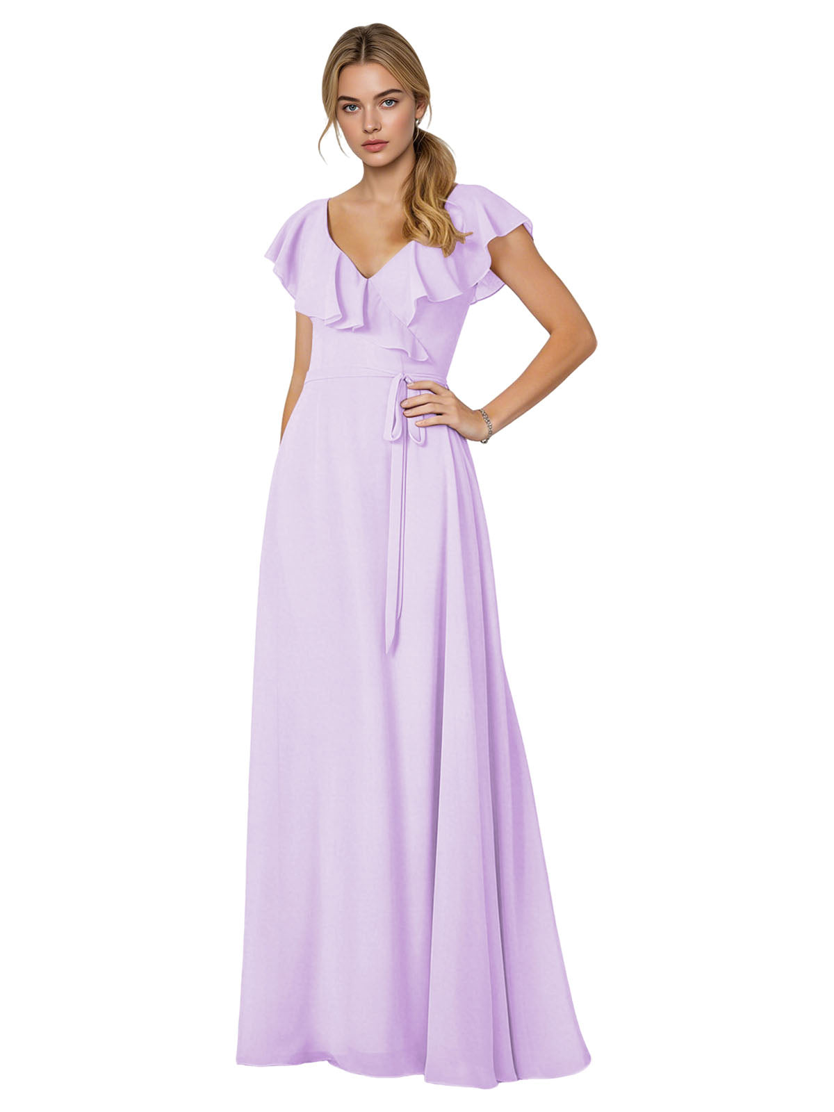 Tie Neck Chiffon Bridesmaid Dress with Flutter Sleeves