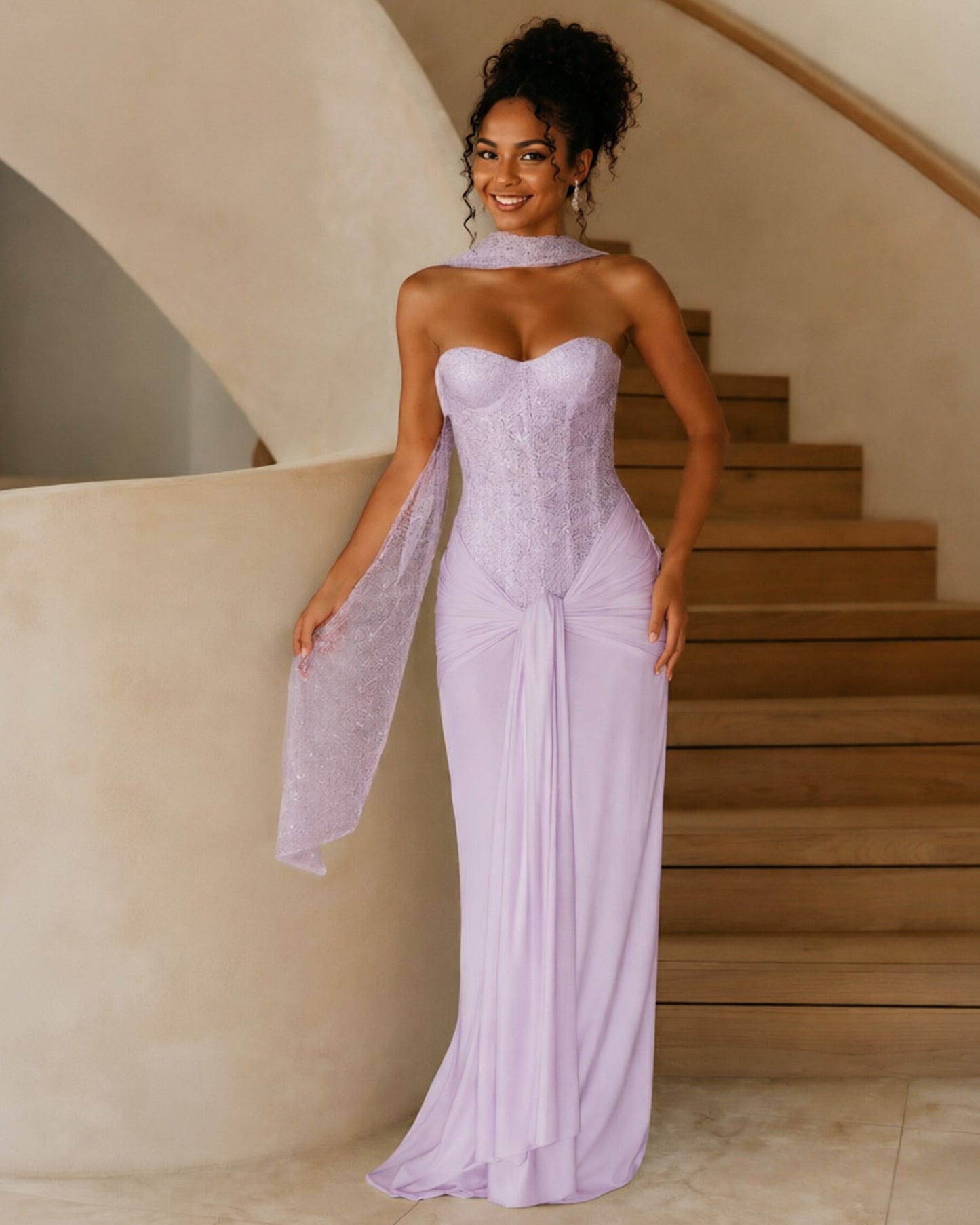 Strapless Sequin Corset Jersey Prom Dress with Draped Scarf Detail