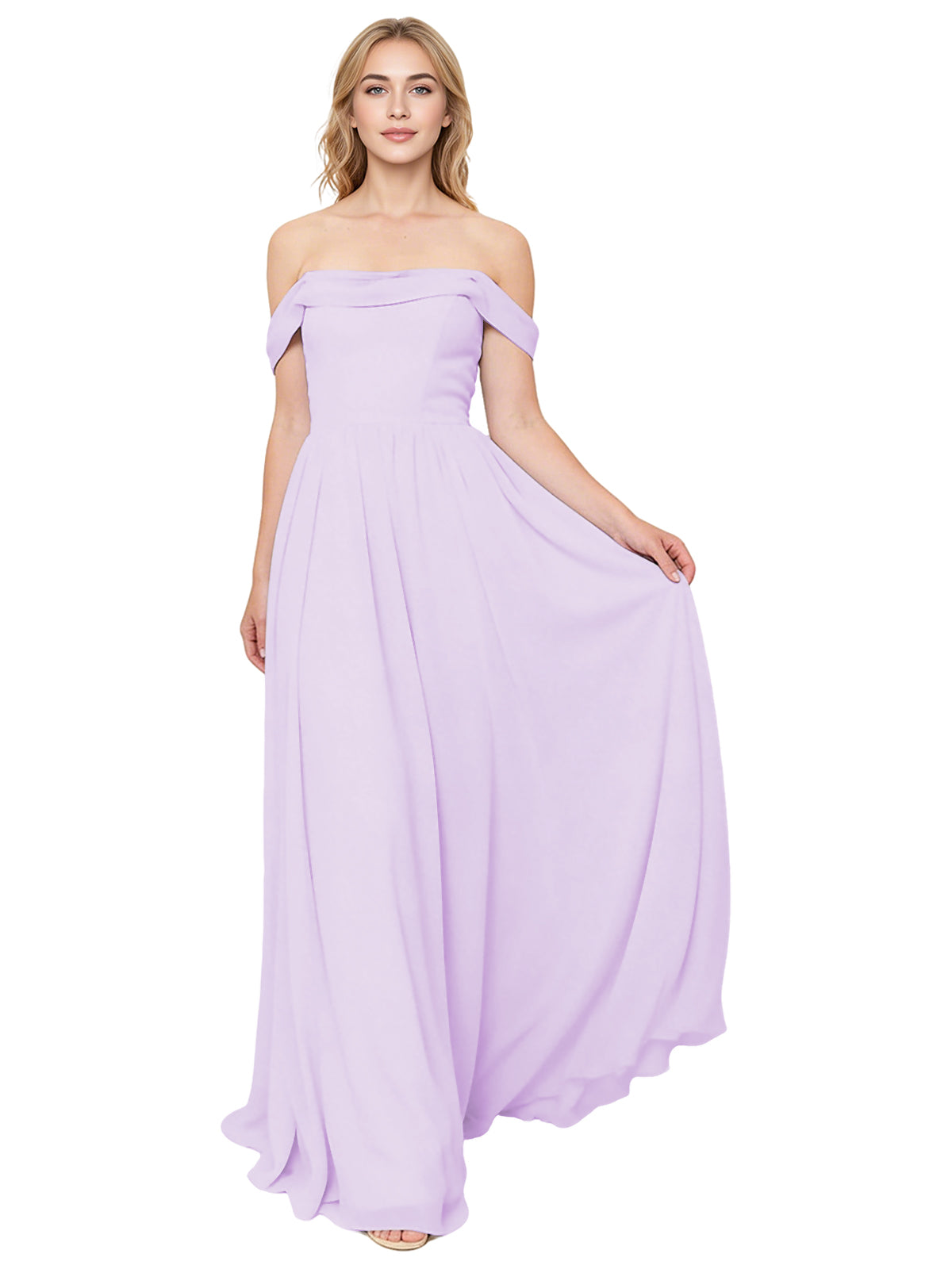 Off Shoulder Pleated Chiffon Bridesmaid Dress with Flowing A-Line Dress