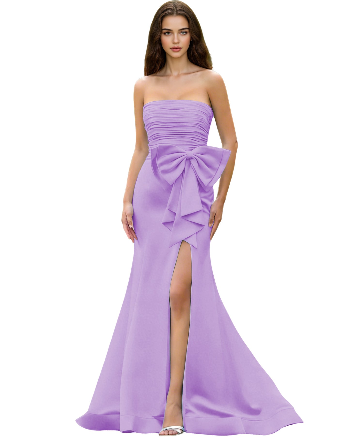 Strapless Bow Detail Satin Prom Dress with Ruched Bodice and Slit