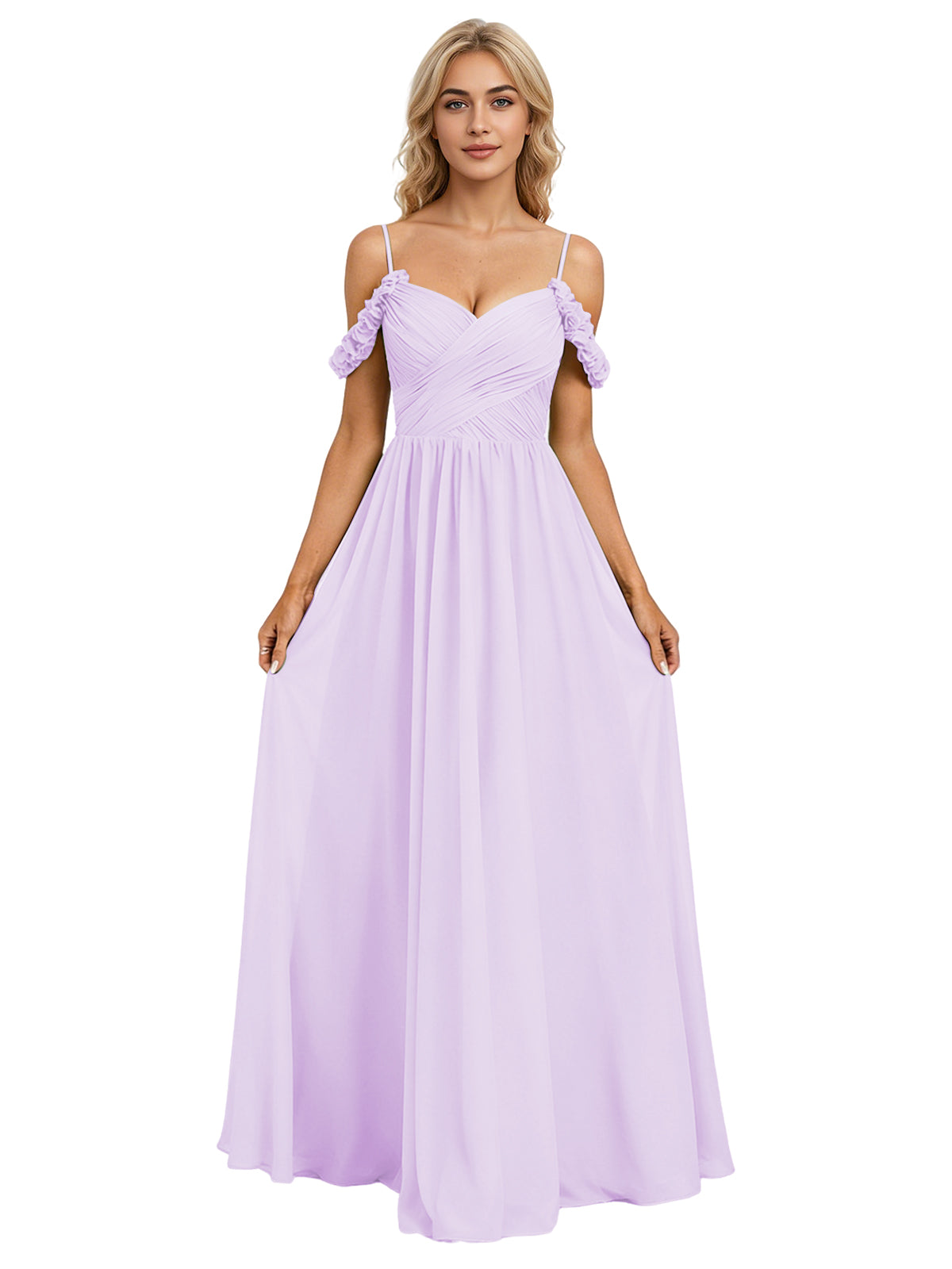 Off Shoulder Lace Applique Bridesmaid Dress with Flowing Chiffon dress