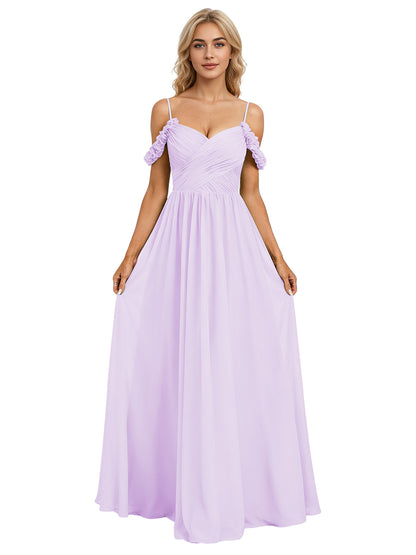 Off Shoulder Lace Applique Bridesmaid Dress with Flowing Chiffon dress