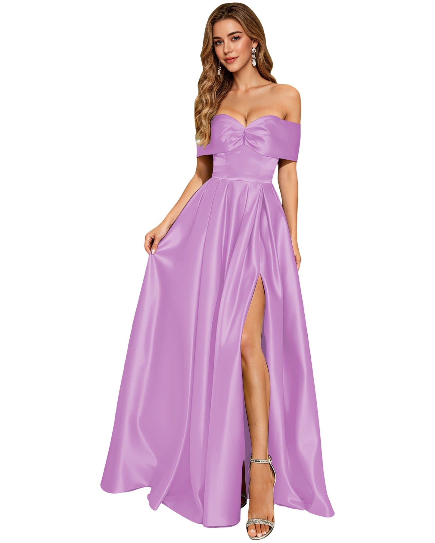 Strapless Bow Satin A-Line Prom Dress with Pleated Bodice and Slit