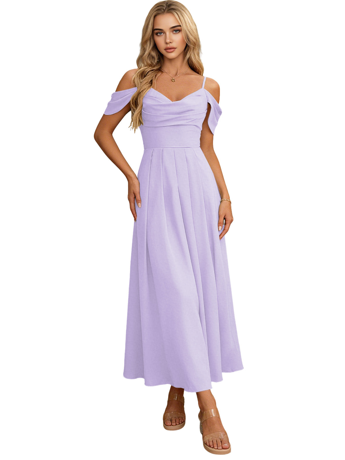 Off Shoulder Midi Bridesmaid Dress with Pleated Bodice and Flowing dress